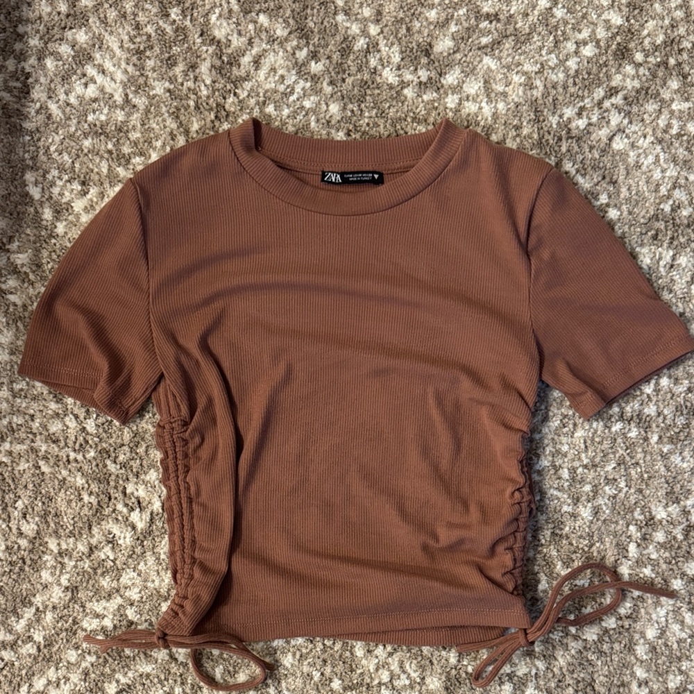 Zara Brown Ruched Short Sleeve Tee
